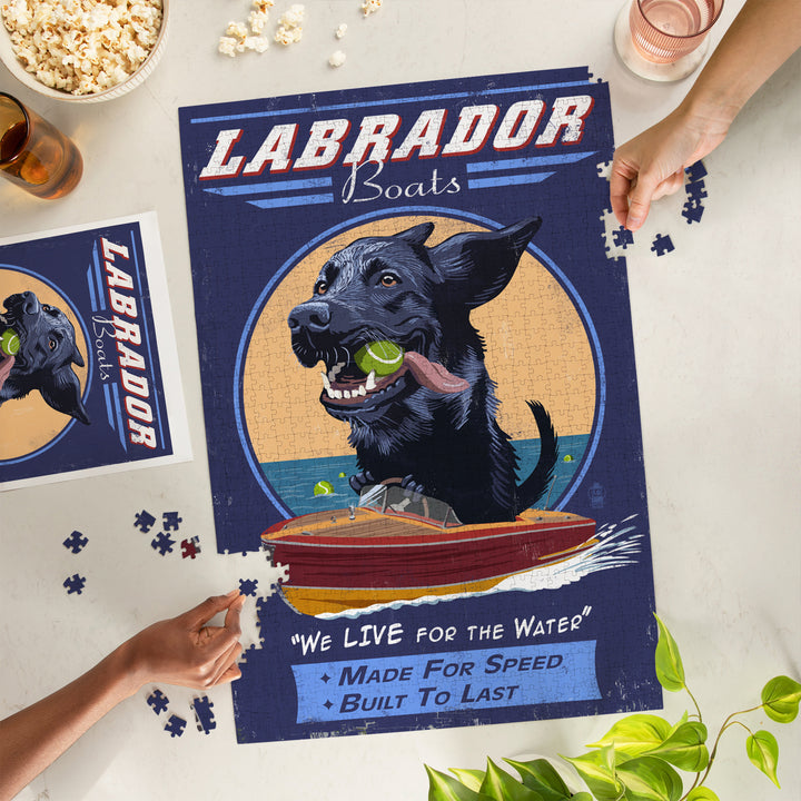 Black Labrador, Retro Boats Ad, Jigsaw Puzzle Puzzle Lantern Press 