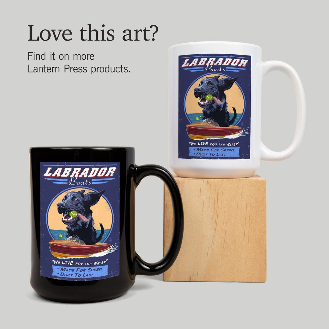 Black Labrador, Retro Boats Ad, Lantern Press Artwork, Ceramic Mug Mugs Lantern Press 