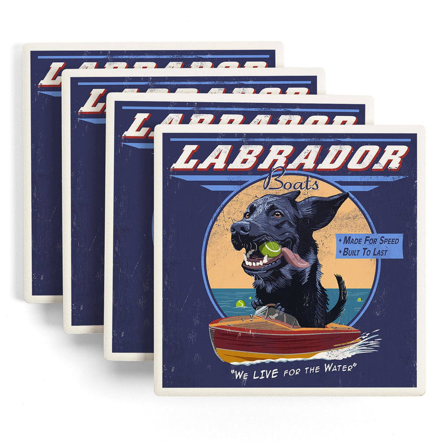 Black Labrador, Retro Boats Ad, Lantern Press Artwork, Coaster Set - Lantern Press