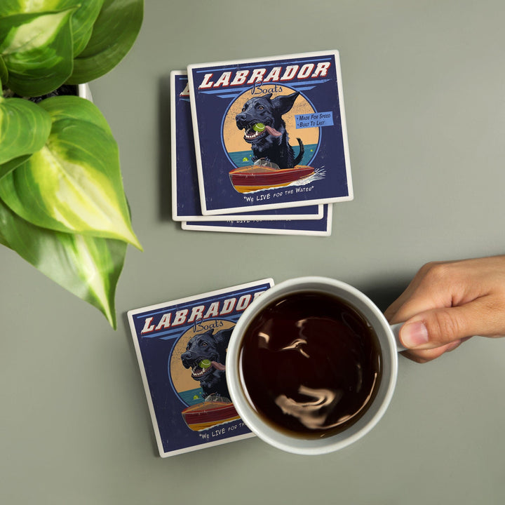 Black Labrador, Retro Boats Ad, Lantern Press Artwork, Coaster Set - Lantern Press