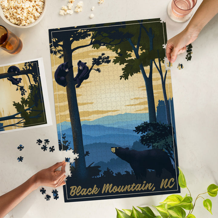 Black Mountain, North Carolina, Black Bears, Lithograph, Jigsaw Puzzle Puzzle Lantern Press 