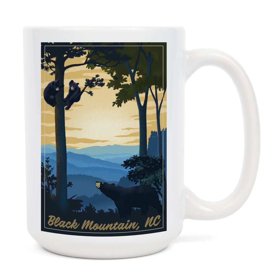Black Mountain, North Carolina, Black Bears, Lithograph, Lantern Press Artwork, Ceramic Mug - Lantern Press
