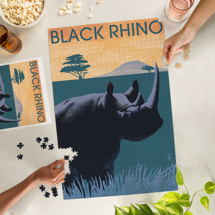 Black Rhino, Lithograph Series, Jigsaw Puzzle Puzzle Lantern Press 