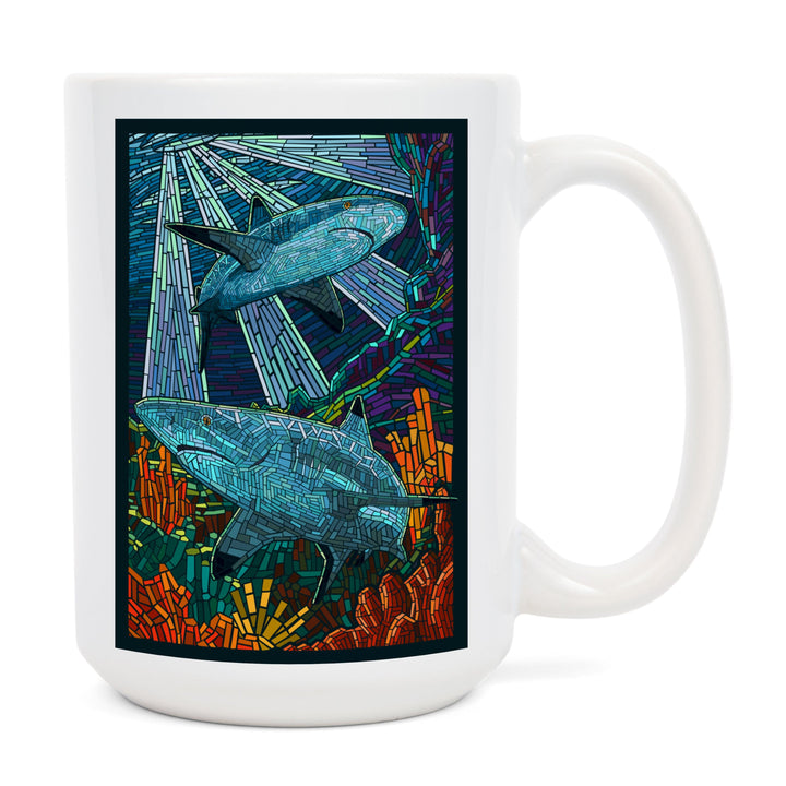 Black Tip Reef Shark, Paper Mosaic, Lantern Press Poster, Ceramic Mug Mugs Lantern Press 