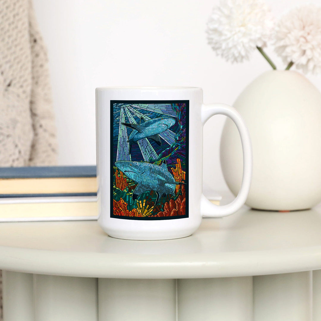 Black Tip Reef Shark, Paper Mosaic, Lantern Press Poster, Ceramic Mug Mugs Lantern Press 