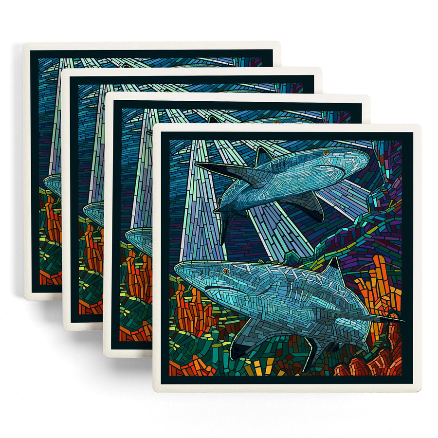 Black Tip Reef Shark, Paper Mosaic, Lantern Press Poster, Coaster Set - Lantern Press