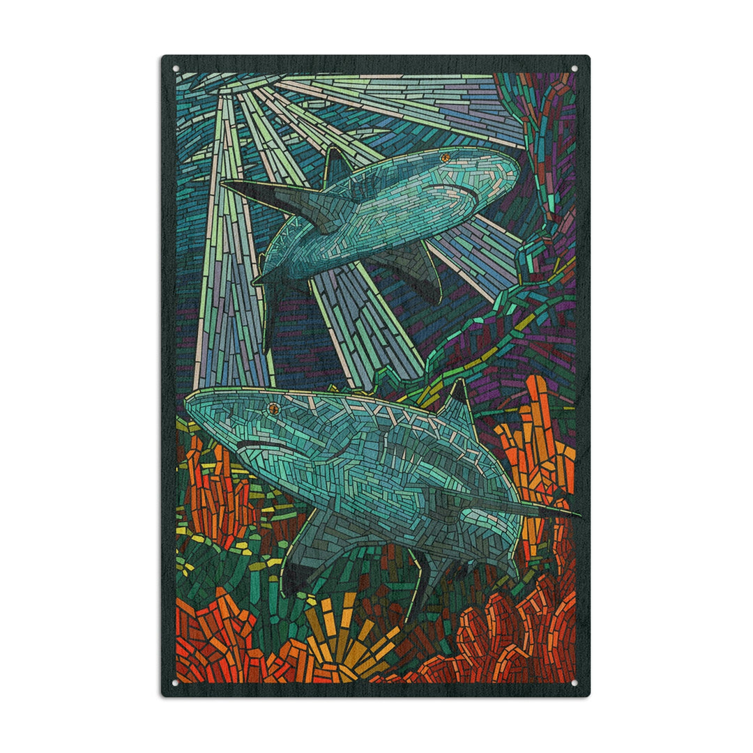 Black Tip Reef Shark, Paper Mosaic, Lantern Press Poster, Wood Signs and Postcards Wood Lantern Press 10 x 15 Wood Sign 