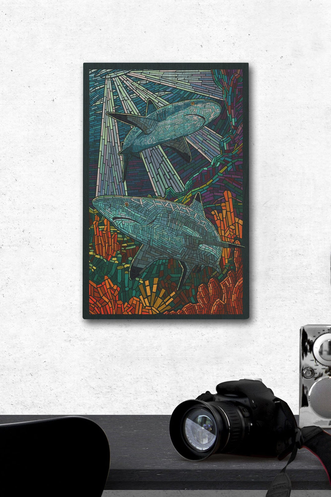 Black Tip Reef Shark, Paper Mosaic, Lantern Press Poster, Wood Signs and Postcards Wood Lantern Press 12 x 18 Wood Gallery Print 