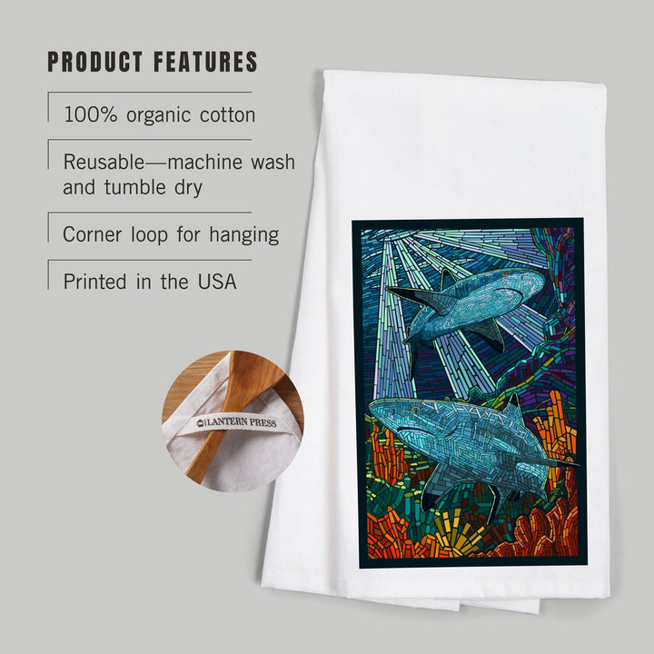 Black Tip Reef Shark, Paper Mosaic, Organic Cotton Kitchen Tea Towels Kitchen Lantern Press 