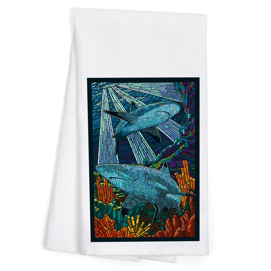 Black Tip Reef Shark, Paper Mosaic, Organic Cotton Kitchen Tea Towels Kitchen Lantern Press 
