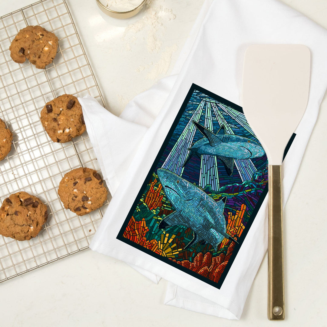 Black Tip Reef Shark, Paper Mosaic, Organic Cotton Kitchen Tea Towels Kitchen Lantern Press 
