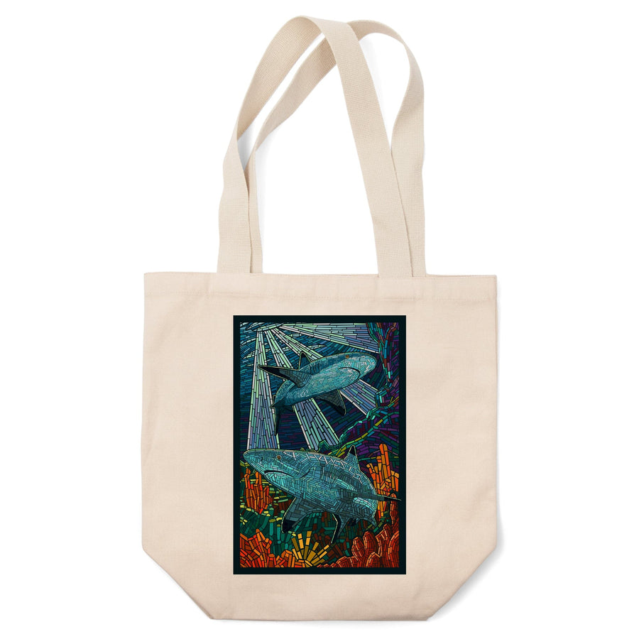 Black Tip Reef Shark, Paper Mosaic, Tote Bag Totes Lantern Press 