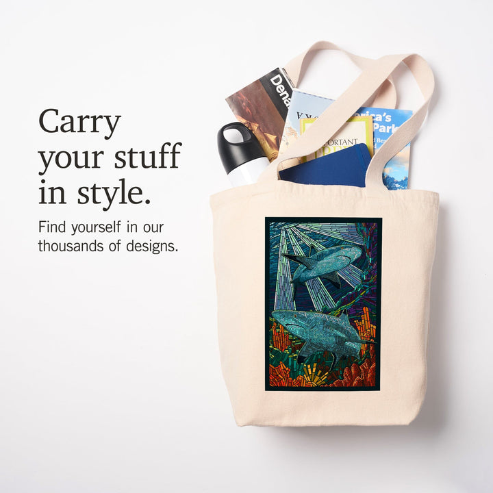 Black Tip Reef Shark, Paper Mosaic, Tote Bag Totes Lantern Press 