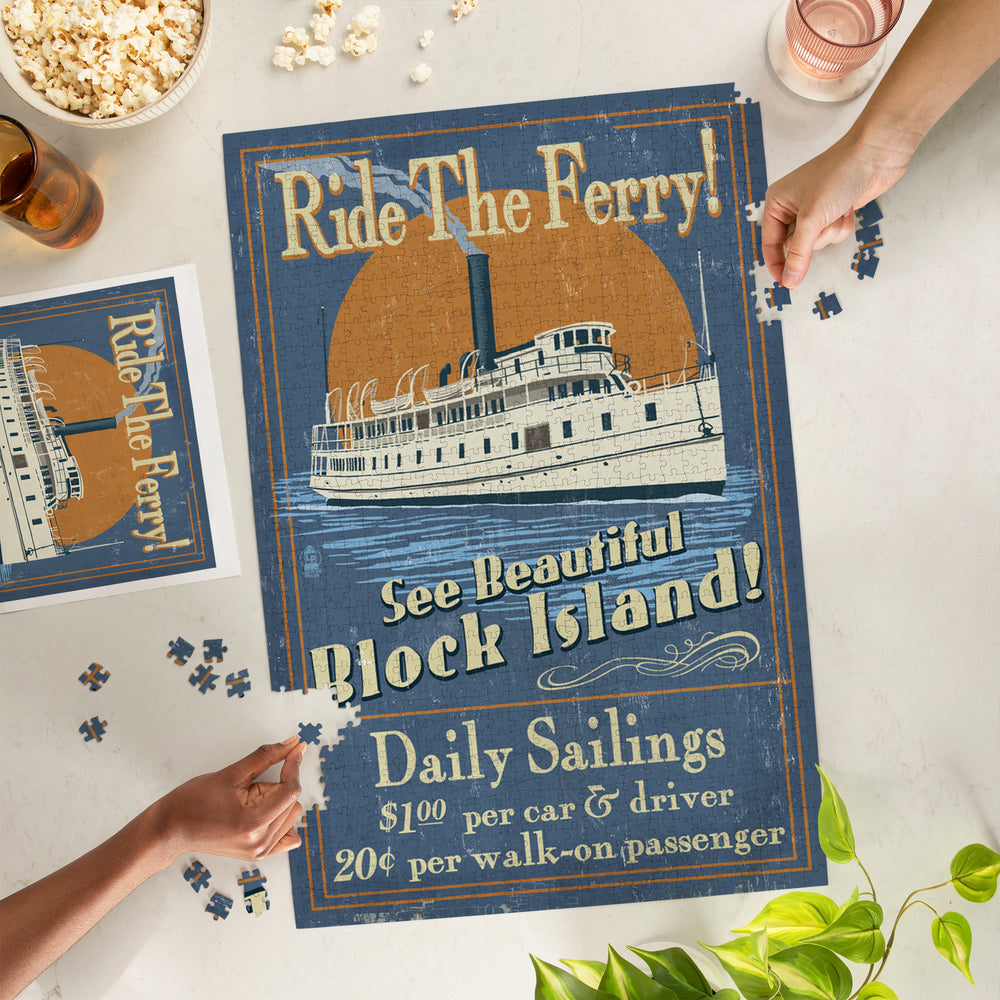 Block Island, Rhode Island, Ferry Ride Vintage Sign, Jigsaw Puzzle Puzzle Lantern Press 