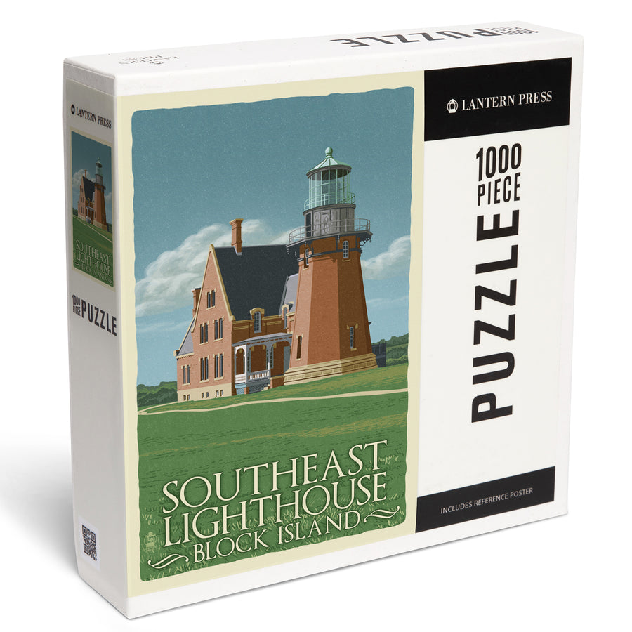 Block Island, Rhode Island, South East Lighthouse, Letterpress, Jigsaw Puzzle Puzzle Lantern Press 