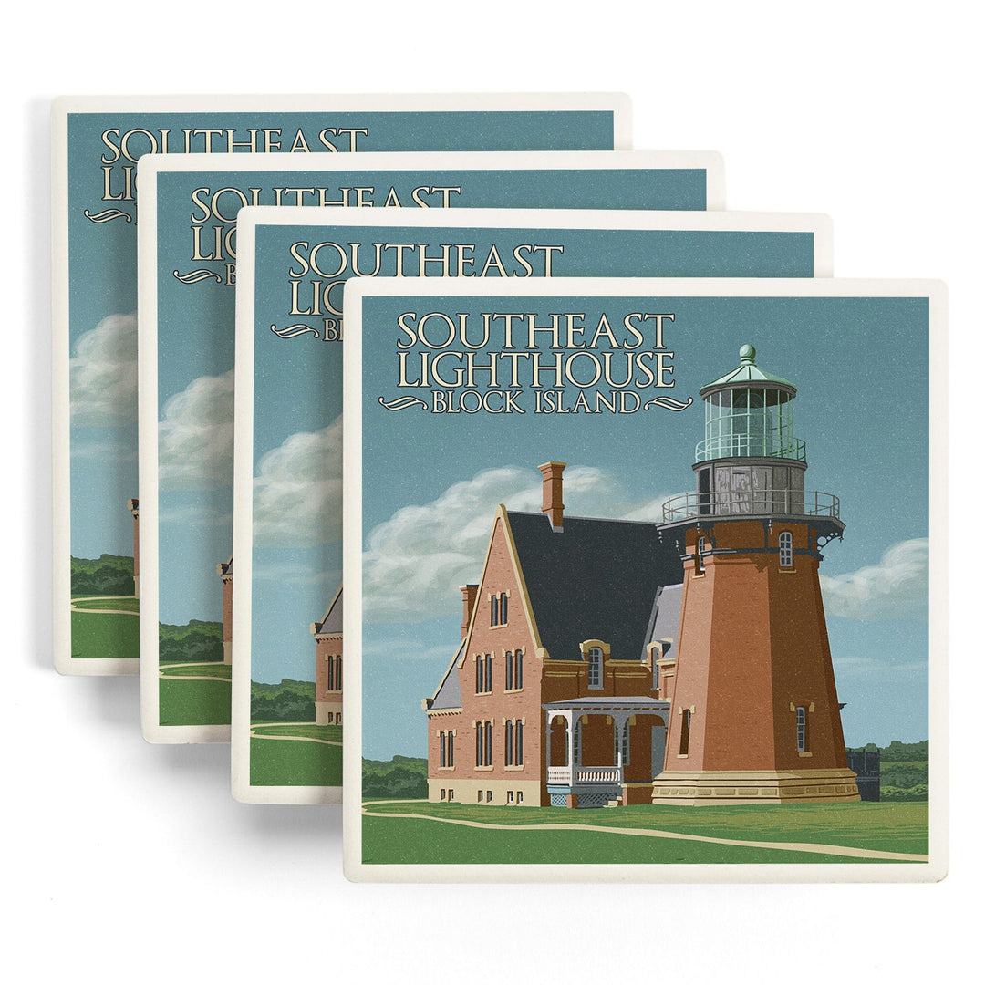 Block Island, Rhode Island, South East Lighthouse, Letterpress, Lantern Press Artwork, Coaster Set - Lantern Press