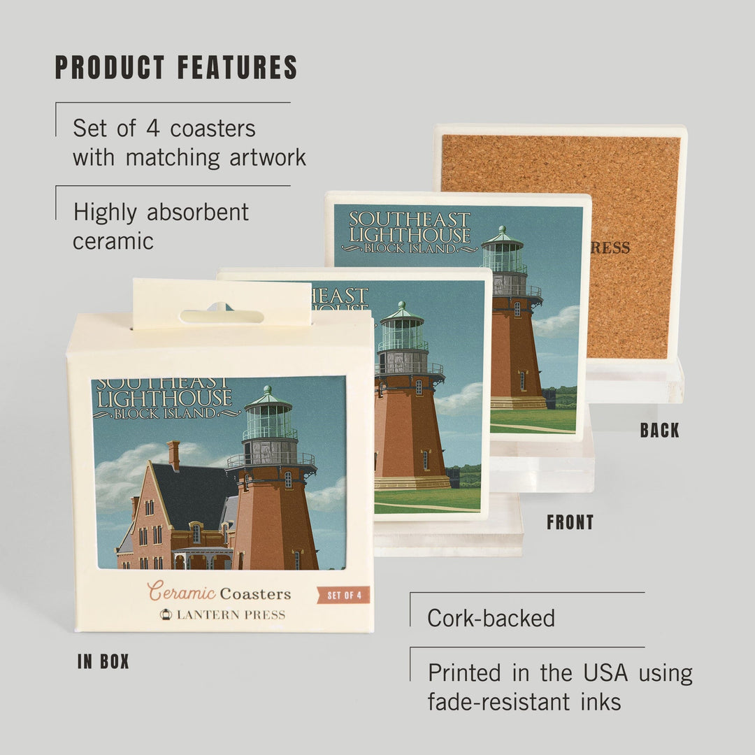 Block Island, Rhode Island, South East Lighthouse, Letterpress, Lantern Press Artwork, Coaster Set - Lantern Press