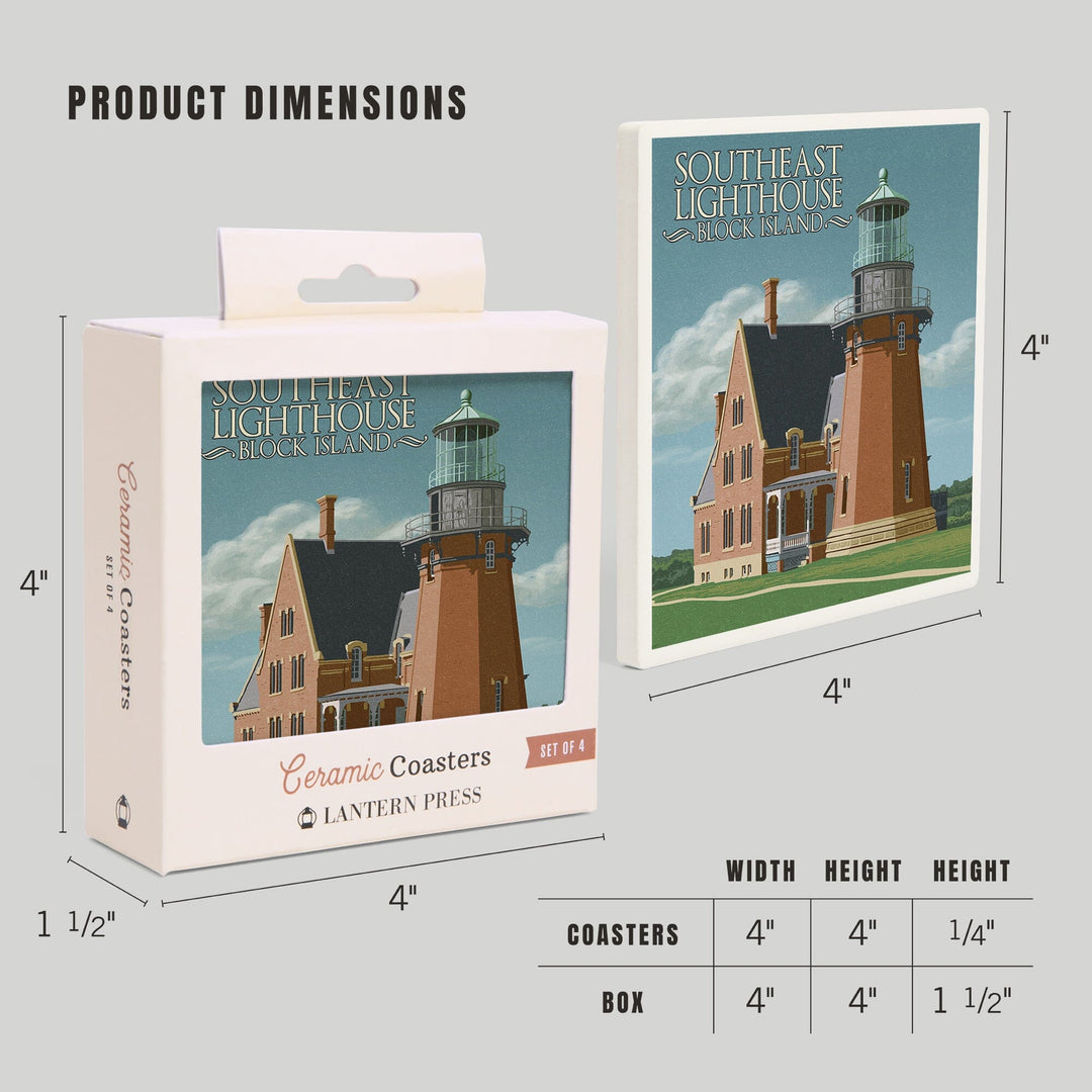 Block Island, Rhode Island, South East Lighthouse, Letterpress, Lantern Press Artwork, Coaster Set - Lantern Press