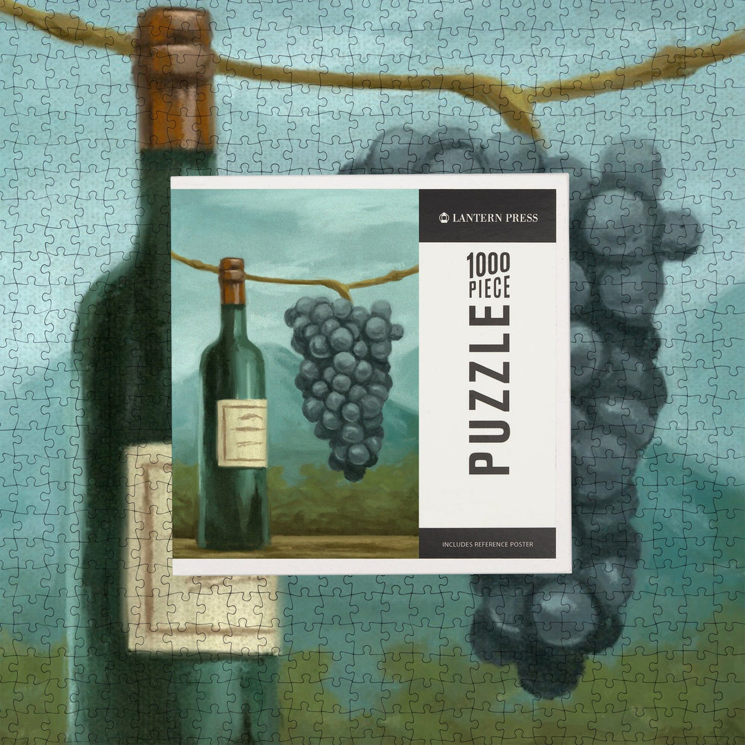 Blue Grapes and Wine Bottle, Oil Painting, Jigsaw Puzzle Puzzle Lantern Press 