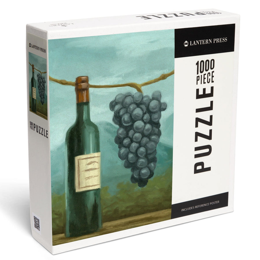Blue Grapes and Wine Bottle, Oil Painting, Jigsaw Puzzle Puzzle Lantern Press 