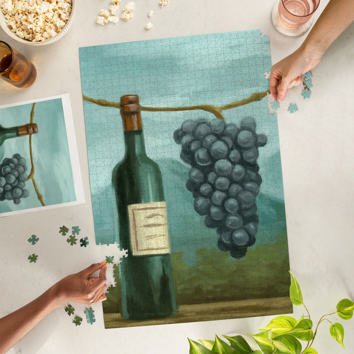 Blue Grapes and Wine Bottle, Oil Painting, Jigsaw Puzzle Puzzle Lantern Press 