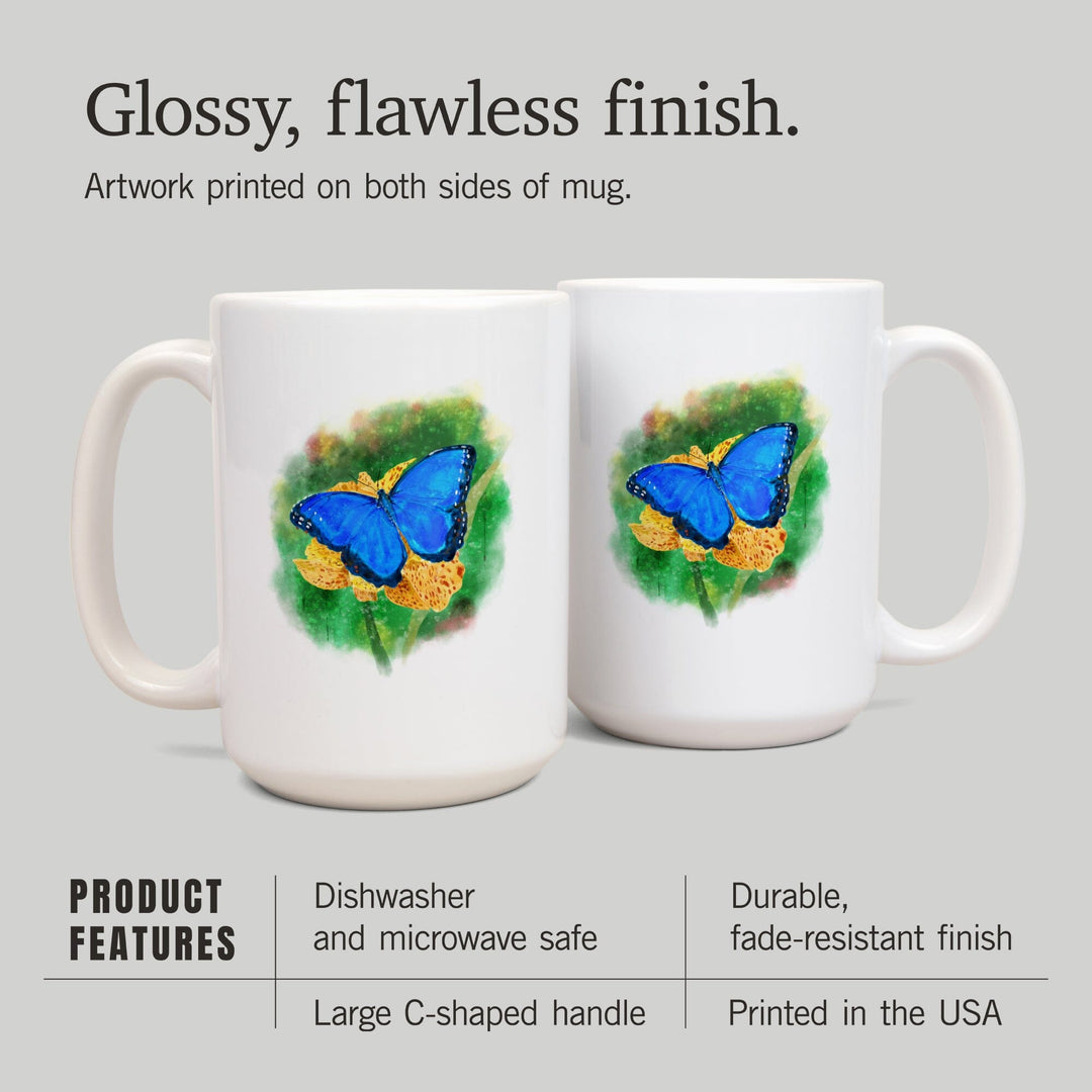 Blue Morpho Butterfly, Watercolor, Lantern Press Artwork, Lantern Press Artwork, Ceramic Mug - Lantern Press