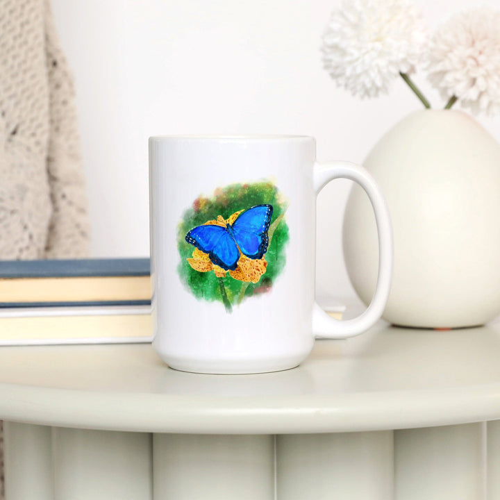 Blue Morpho Butterfly, Watercolor, Lantern Press Artwork, Lantern Press Artwork, Ceramic Mug - Lantern Press