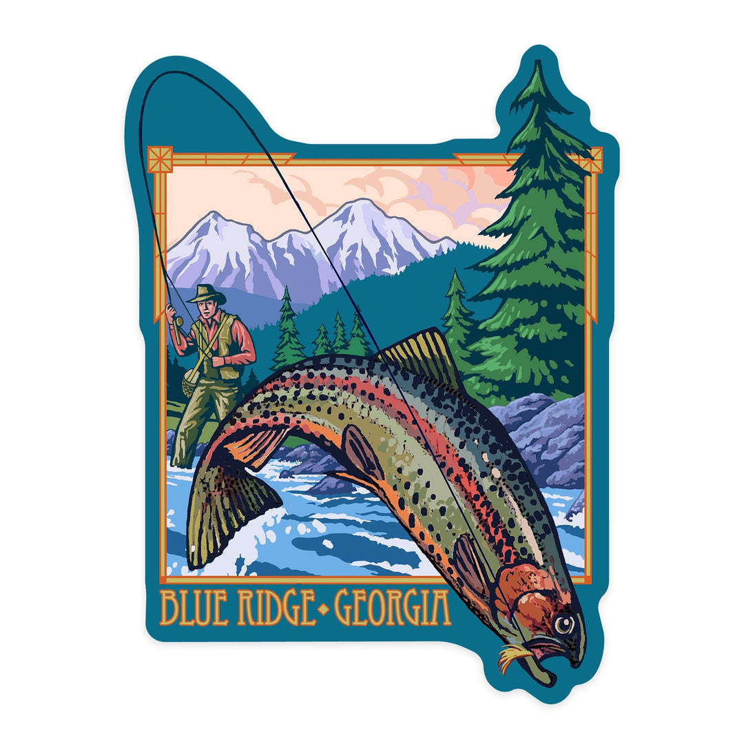 Blue Ridge, Georgia, Angler Fly Fishing Scene, Contour, Lantern Press Artwork, Vinyl Sticker - Lantern Press