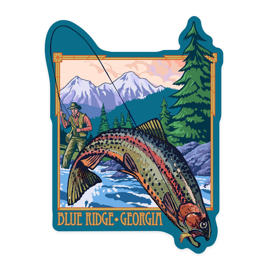 Blue Ridge, Georgia, Angler Fly Fishing Scene, Contour, Lantern Press Artwork, Vinyl Sticker - Lantern Press