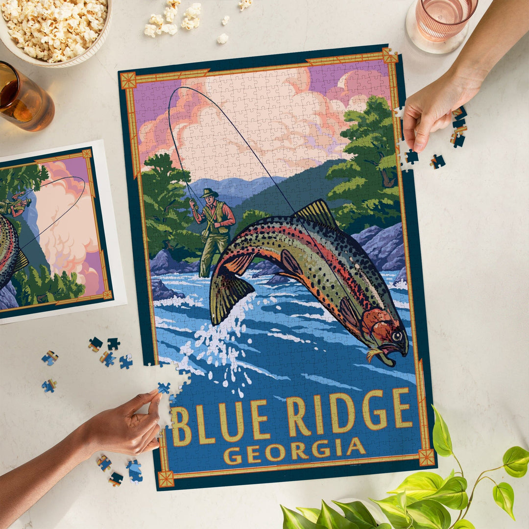 Blue Ridge, Georgia, Angler Fly Fishing Scene (Leaping Trout), Jigsaw Puzzle Puzzle Lantern Press 