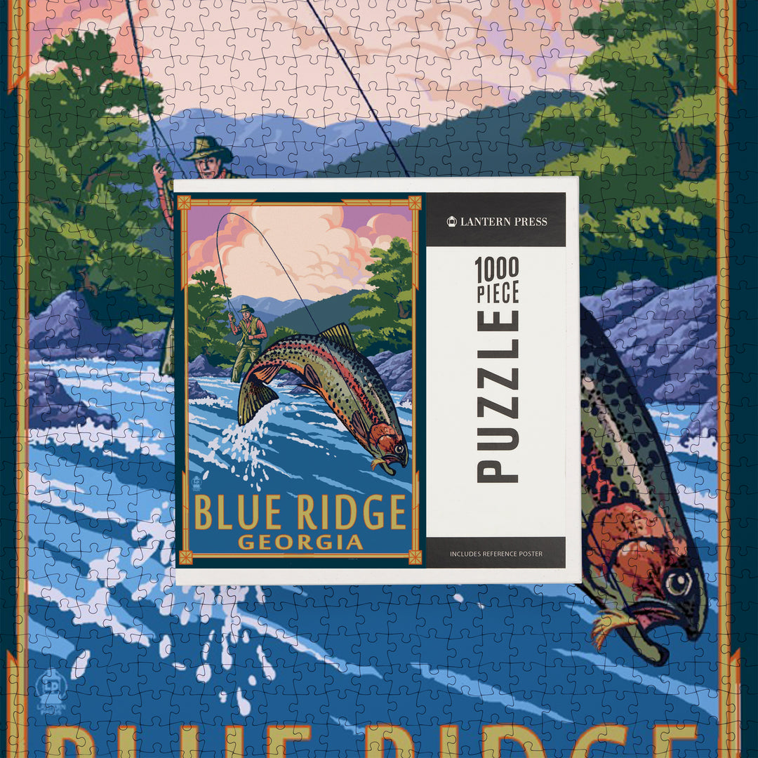 Blue Ridge, Georgia, Angler Fly Fishing Scene (Leaping Trout), Jigsaw Puzzle Puzzle Lantern Press 