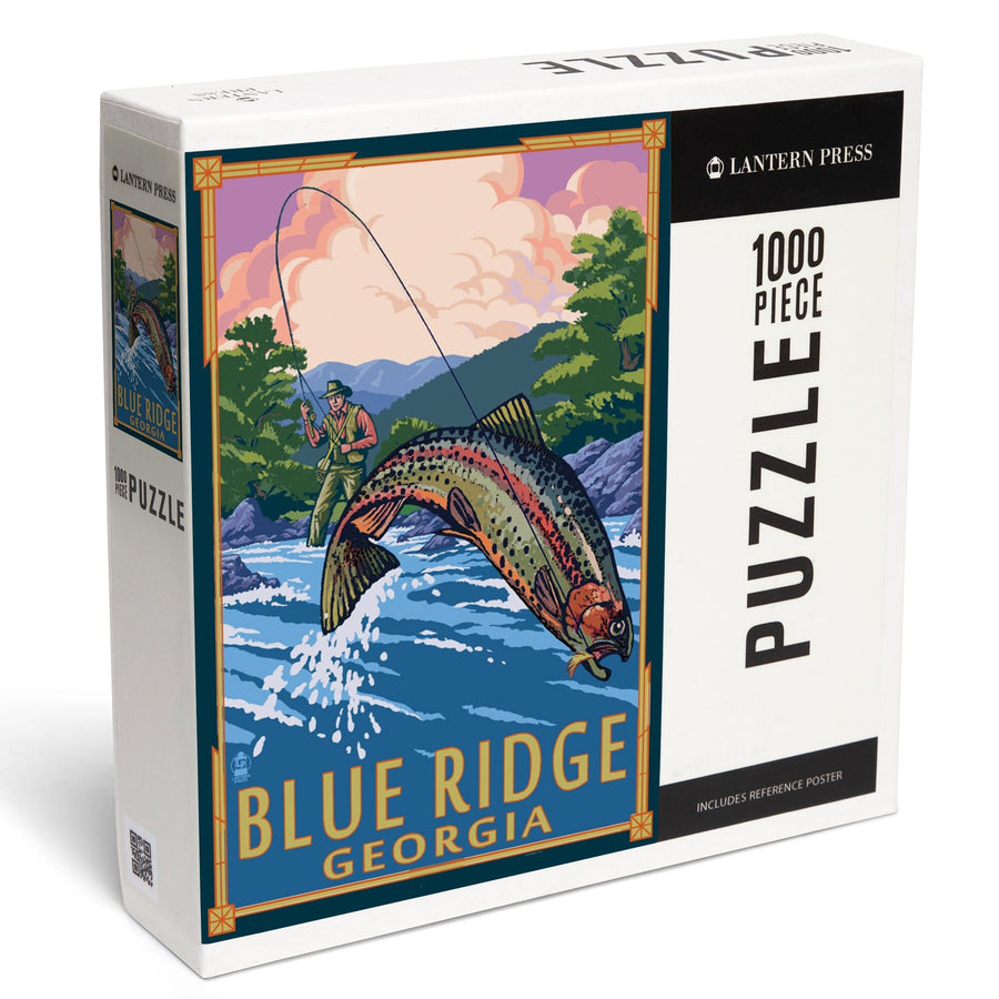 Blue Ridge, Georgia, Angler Fly Fishing Scene (Leaping Trout), Jigsaw Puzzle Puzzle Lantern Press 