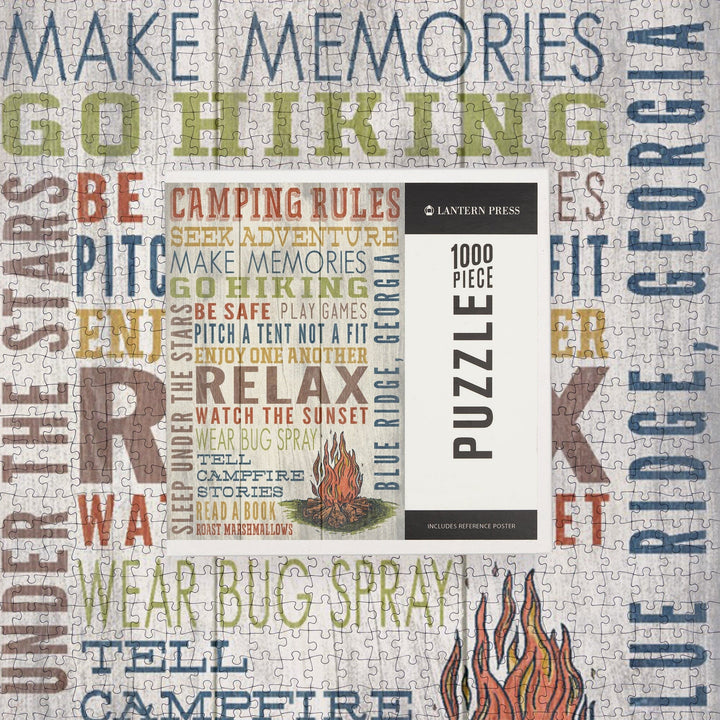 Blue Ridge, Georgia, Camping Rules, Rustic Typography, Jigsaw Puzzle Puzzle Lantern Press 
