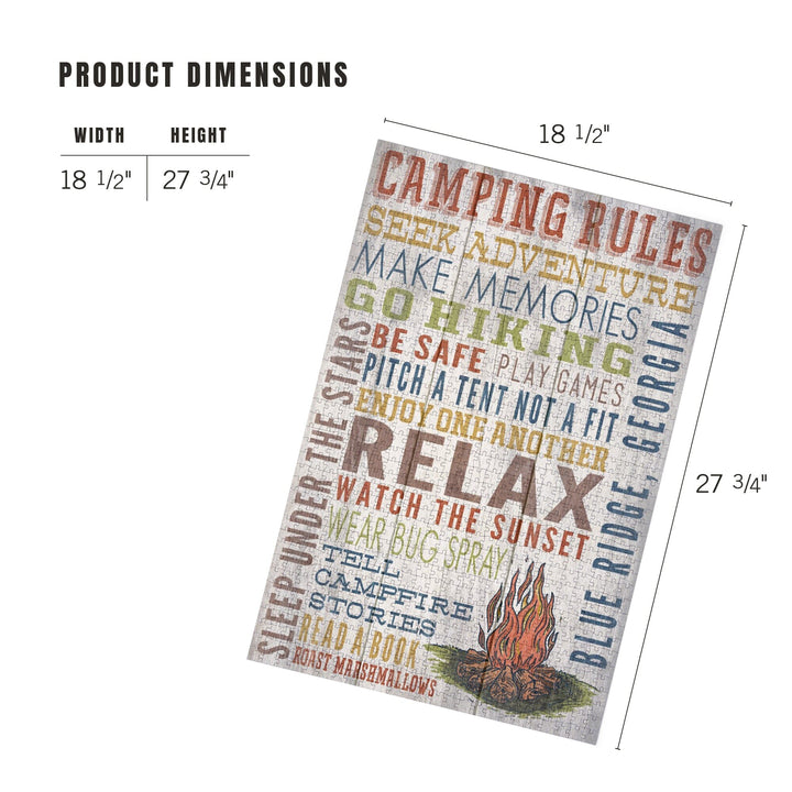 Blue Ridge, Georgia, Camping Rules, Rustic Typography, Jigsaw Puzzle Puzzle Lantern Press 
