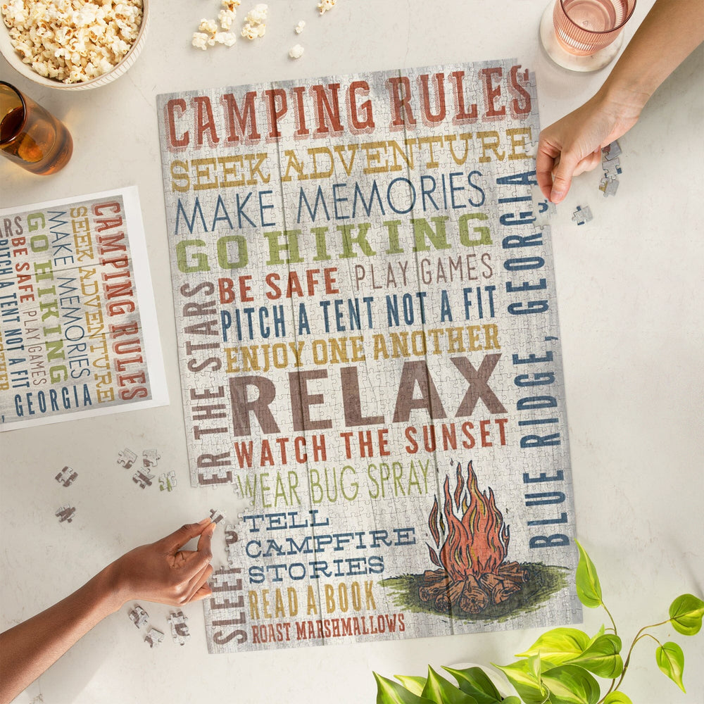 Blue Ridge, Georgia, Camping Rules, Rustic Typography, Jigsaw Puzzle Puzzle Lantern Press 