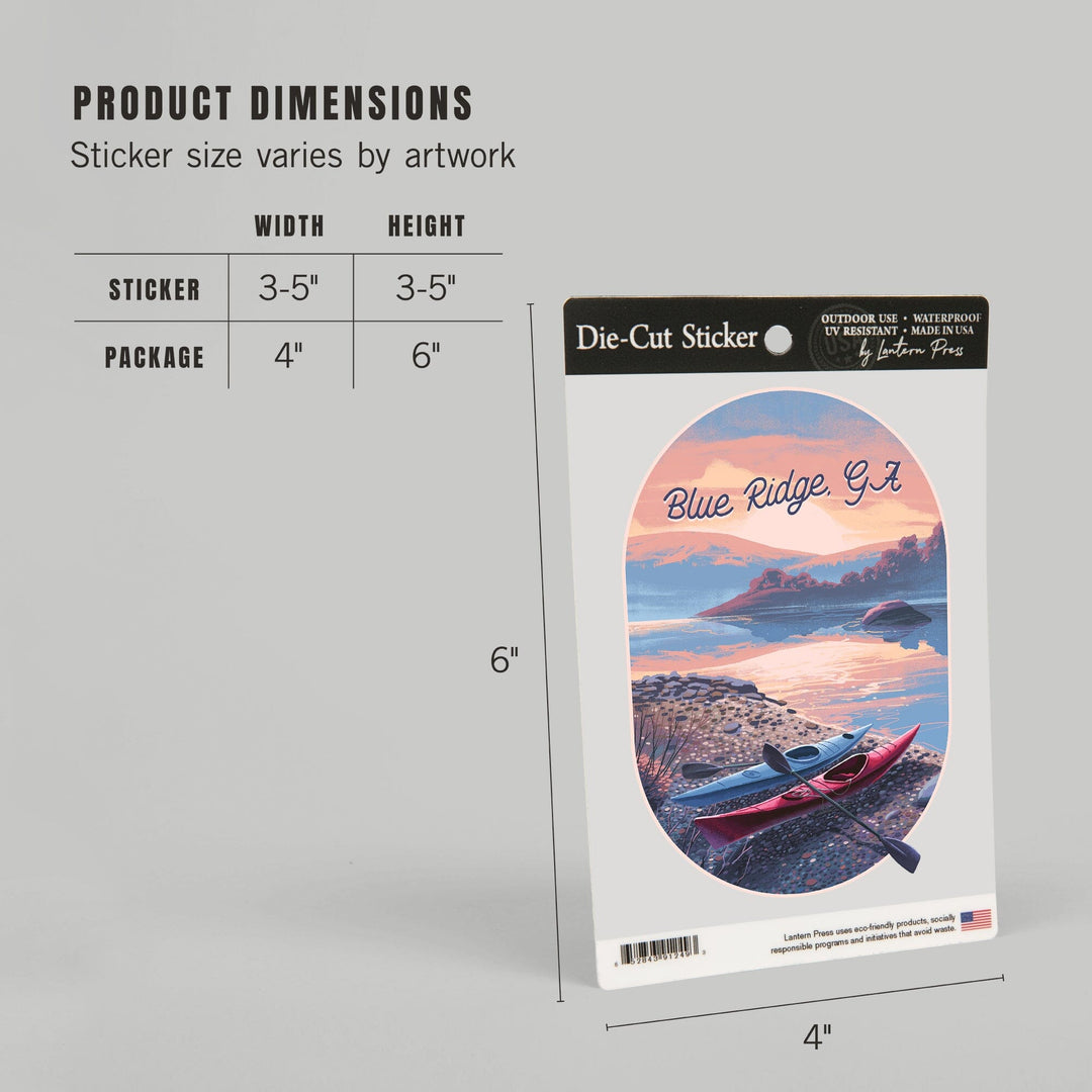 Blue Ridge, Georgia, Glassy Sunrise, Kayak, Contour, Vinyl Sticker Sticker Lantern Press 