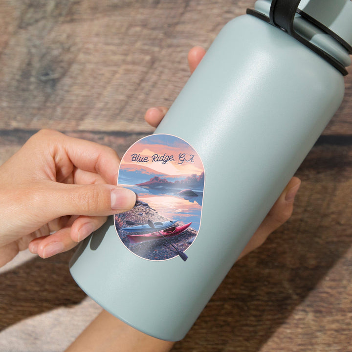 Blue Ridge, Georgia, Glassy Sunrise, Kayak, Contour, Vinyl Sticker Sticker Lantern Press 
