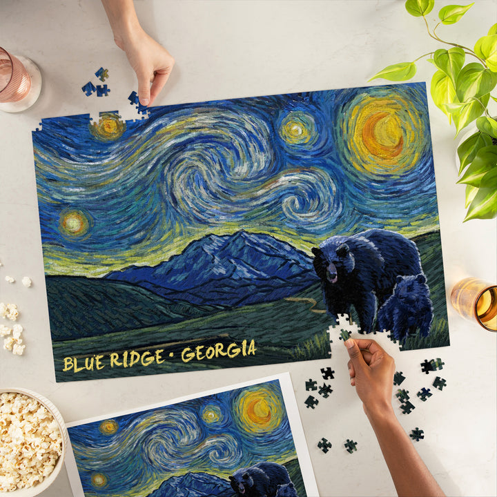 Blue Ridge, Georgia, Grizzly Bear and Cub, Starry Night, Jigsaw Puzzle Puzzle Lantern Press 