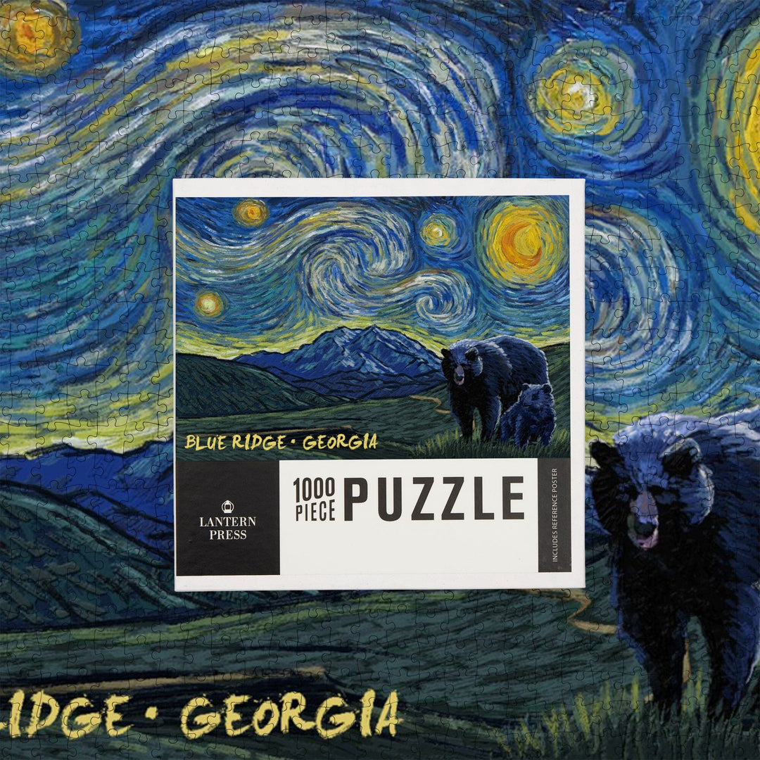 Blue Ridge, Georgia, Grizzly Bear and Cub, Starry Night, Jigsaw Puzzle Puzzle Lantern Press 