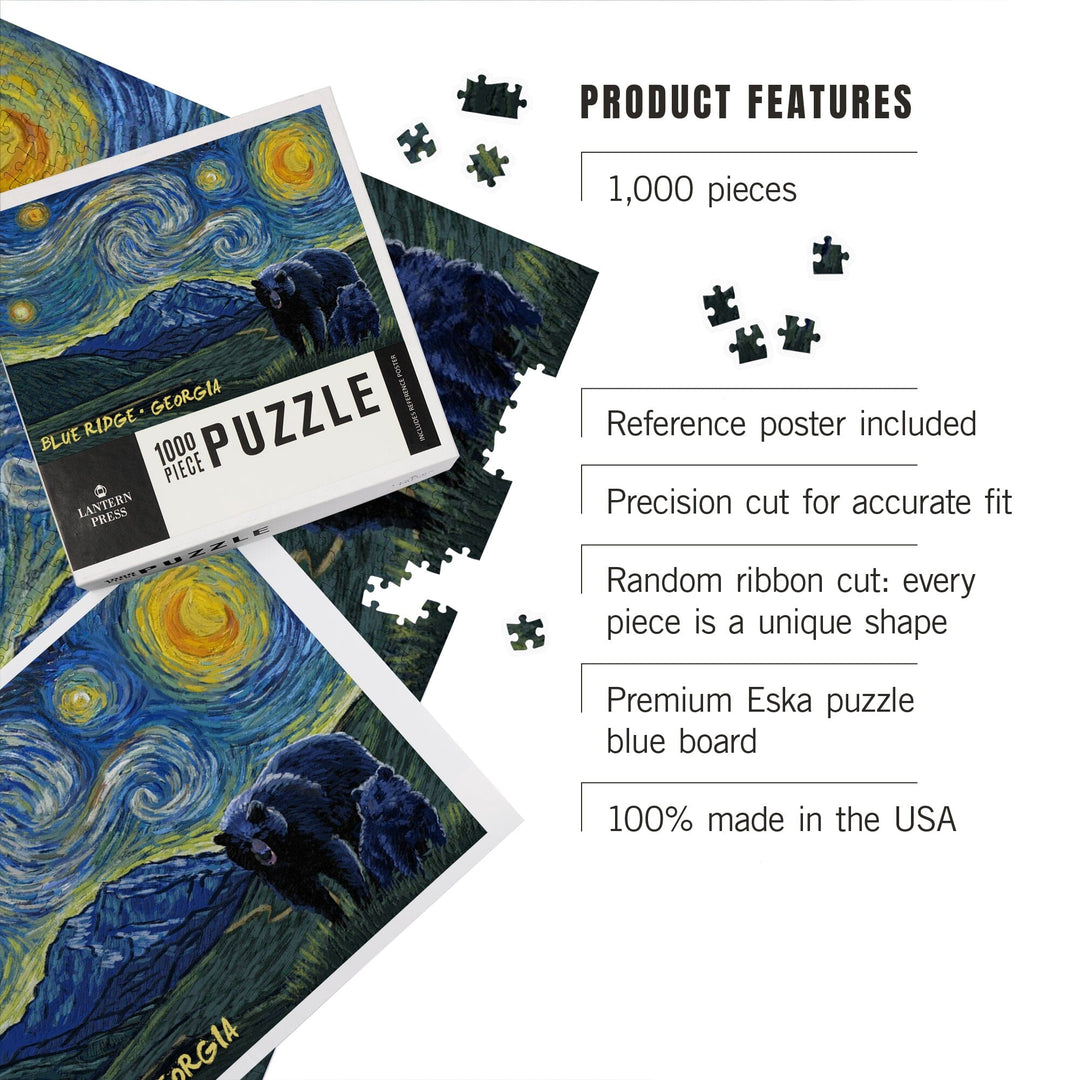 Blue Ridge, Georgia, Grizzly Bear and Cub, Starry Night, Jigsaw Puzzle Puzzle Lantern Press 