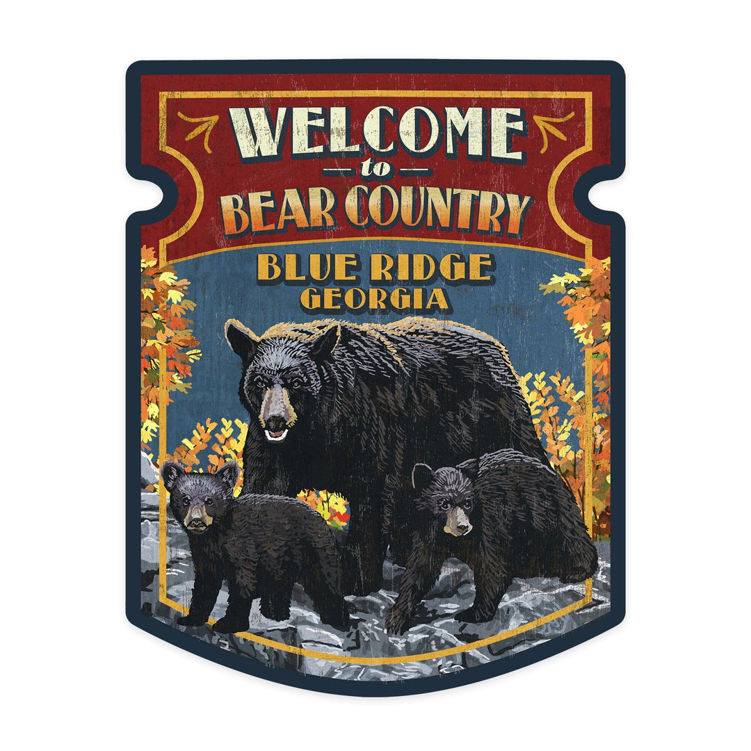 Blue Ridge, Georgia, Welcome to Bear Country, Vintage Sign, Contour, Vinyl Sticker Sticker Lantern Press 