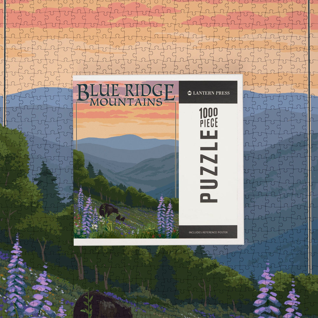 Blue Ridge Mountains, Bear Family and Spring Flowers, Jigsaw Puzzle Puzzle Lantern Press 