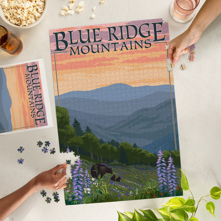 Blue Ridge Mountains, Bear Family and Spring Flowers, Jigsaw Puzzle Puzzle Lantern Press 