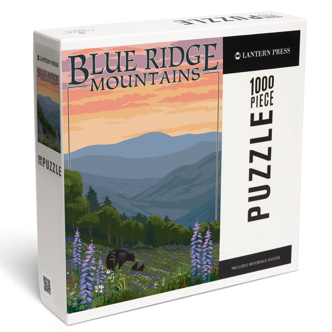 Blue Ridge Mountains, Bear Family and Spring Flowers, Jigsaw Puzzle Puzzle Lantern Press 