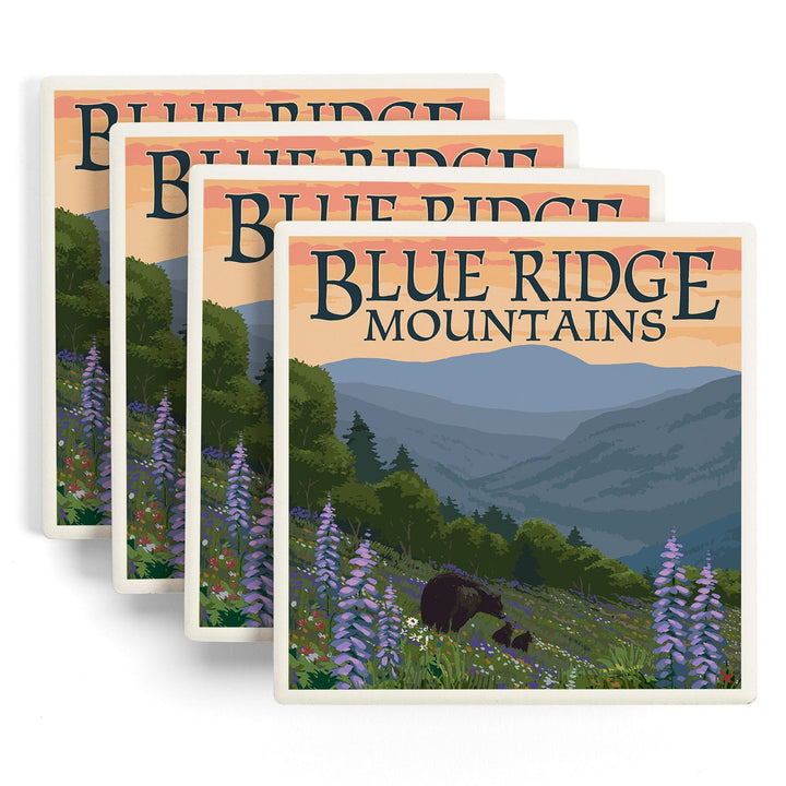 Blue Ridge Mountains, Bear Family & Spring Flowers, Lantern Press Artwork, Coaster Set - Lantern Press