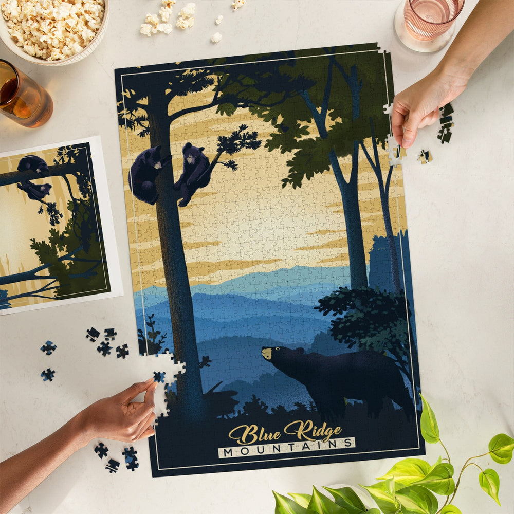 Blue Ridge Mountains, Black Bears, Lithograph, Jigsaw Puzzle Puzzle Lantern Press 
