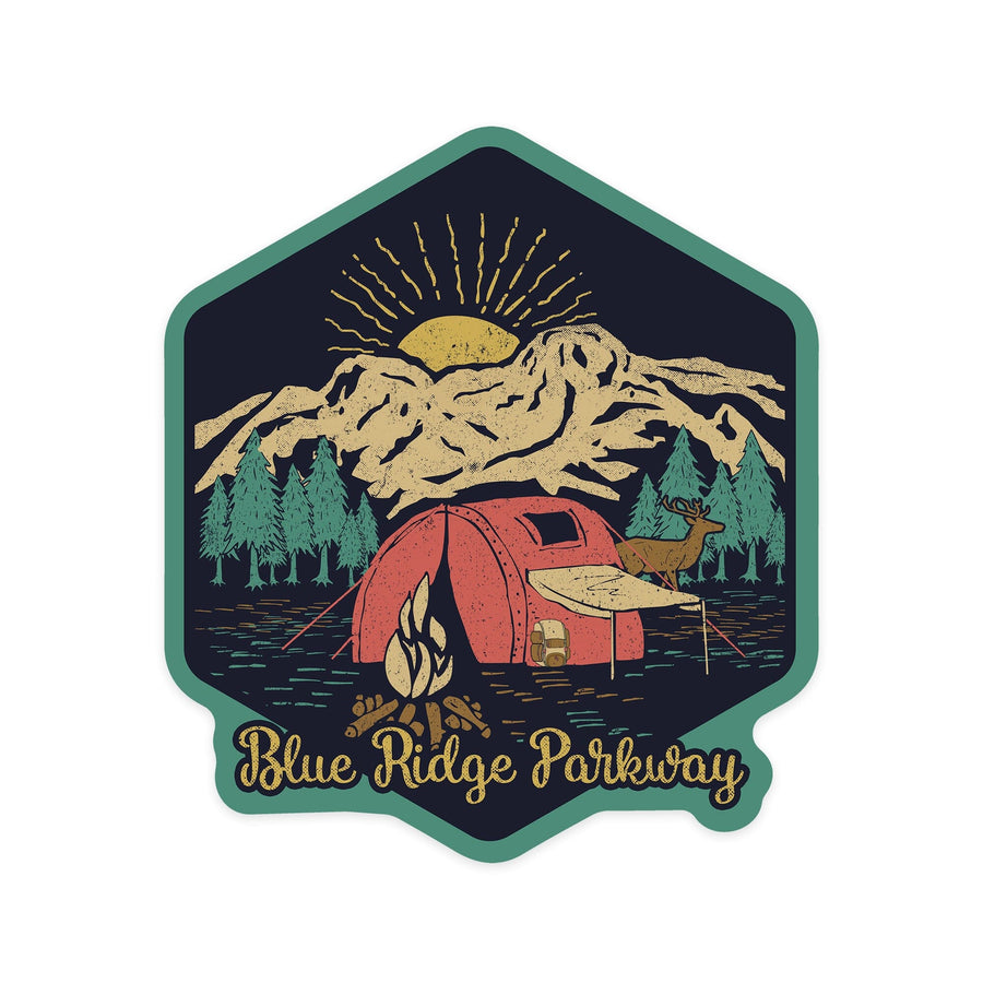 Blue Ridge Parkway, Camping Scene, Contour, Lantern Press Artwork, Vinyl Sticker Sticker Lantern Press 