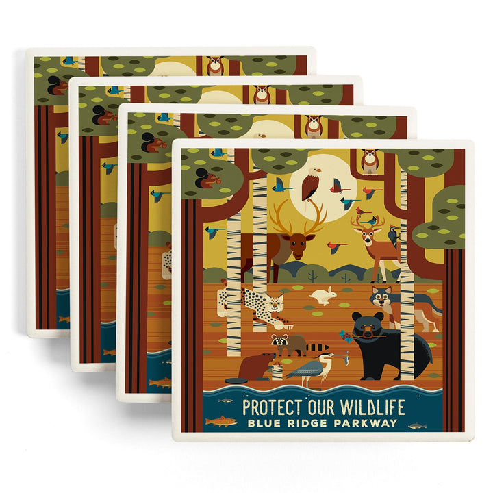 Blue Ridge Parkway, Protect our Wildlife, Forest Animals, Geometric, Lantern Press Artwork, Coaster Set - Lantern Press