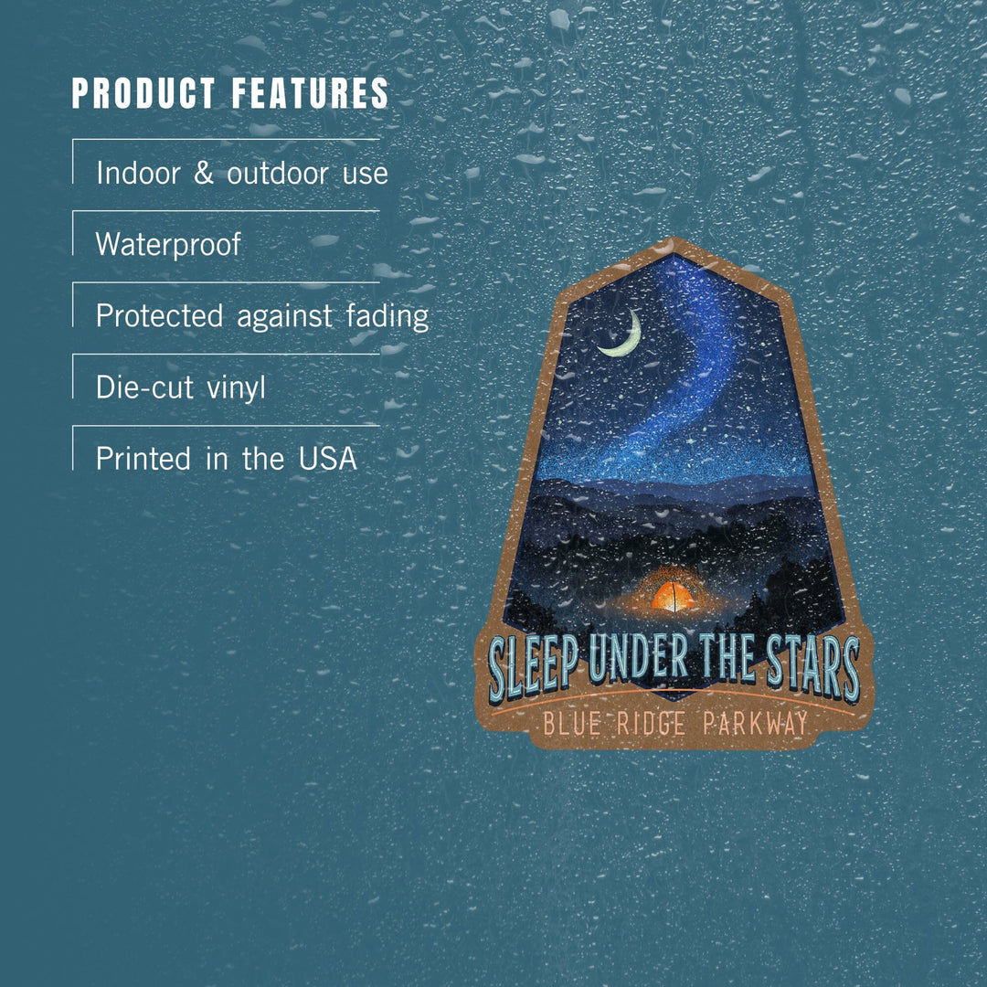 Blue Ridge Parkway, Sleep Under the Stars, Tent & Night Sky, Contour, LP Artwork, Vinyl Sticker - Lantern Press