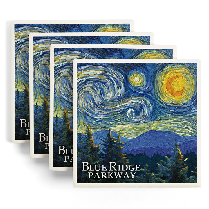 Blue Ridge Parkway, Starry Night, Lantern Press Artwork, Coaster Set - Lantern Press